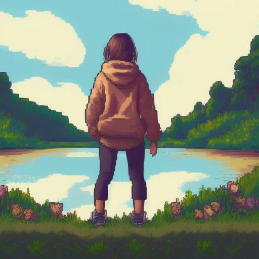 mksks style, (very detailed background:1.0), (highly detailed background:1.0), 1girl, full_body, looking_at_viewer, hoodie, partially_unzipped, masterpiece, best quality, (1girl, solo, girl:1.2), lake, grass, walking on water, jumping, stone ruins, chromatic aberration, depth of field, soft lighting, (pixelart:1.4), dreamlike