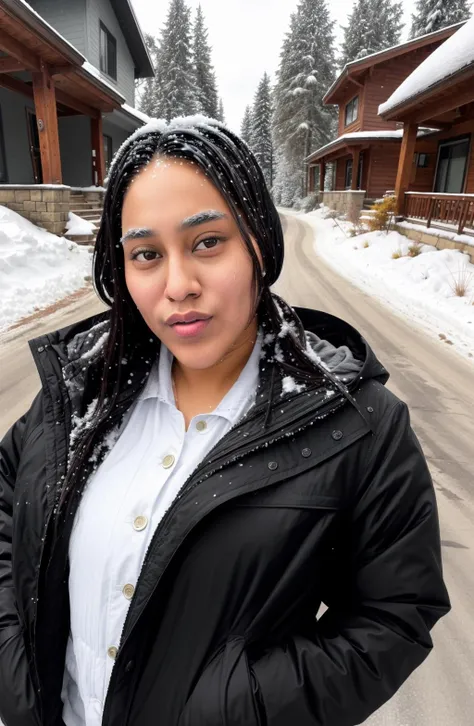 roserayy,  masterpiece, best quality, 1girl,  dark-skinned female,  (smile), closed mouth, waist up, plump, black eyes, black hair, closed mouth, looking at viewer, wearing a winter jacket,  background: snow covered driveway, solo,<lora:Roserayy-000003:1>