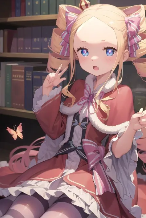 beatrice, <lyco:beatrice-lyco-nochekaiser:1>,
beatrice, blonde hair, blue eyes, (butterfly-shaped pupils:1.5), drill hair, long hair, parted bangs, (forehead:1.5), symbol-shaped pupils, twin drills, sidelocks,
BREAK bow, capelet, crown, dress, frilled bow, frills, fur trim, fur-trimmed capelet, long dress, long sleeves, mini crown, pantyhose, red capelet, sleeves past wrists, striped, striped pantyhose,
BREAK looking at viewer, full body,
BREAK indoors, library,
BREAK <lyco:GoodHands-beta2:1>, (masterpiece:1.2), best quality, high resolution, unity 8k wallpaper, (illustration:0.8), (beautiful detailed eyes:1.6), extremely detailed face, perfect lighting, extremely detailed CG, (perfect hands, perfect anatomy),