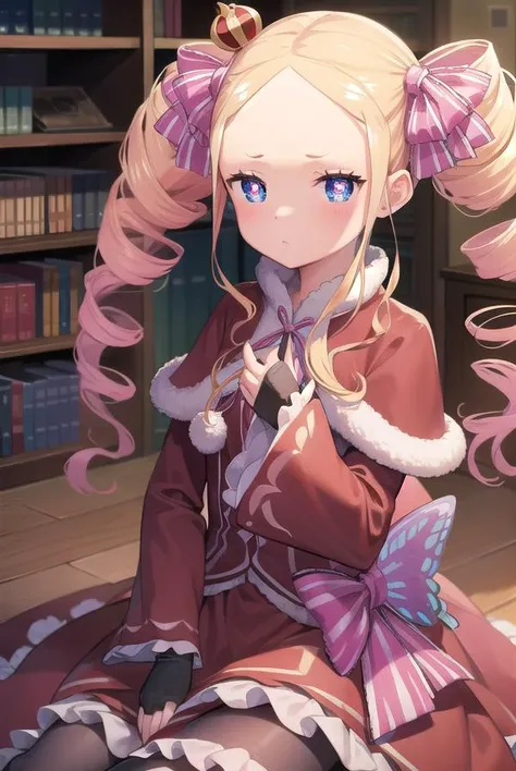 beatrice, <lyco:beatrice-lyco-nochekaiser:1>,
beatrice, blonde hair, blue eyes, (butterfly-shaped pupils:1.5), drill hair, long hair, parted bangs, (forehead:1.5), symbol-shaped pupils, twin drills, sidelocks,
BREAK bow, capelet, crown, dress, frilled bow, frills, fur trim, fur-trimmed capelet, long dress, long sleeves, mini crown, pantyhose, red capelet, sleeves past wrists, striped, striped pantyhose,
BREAK looking at viewer, full body,
BREAK indoors, library,
BREAK <lyco:GoodHands-beta2:1>, (masterpiece:1.2), best quality, high resolution, unity 8k wallpaper, (illustration:0.8), (beautiful detailed eyes:1.6), extremely detailed face, perfect lighting, extremely detailed CG, (perfect hands, perfect anatomy),