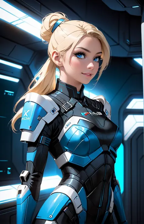Hollywood motion capture picture of cosplay model, beautiful 18 year old niji woman as a futuristic soldier in mass effect style, wearing futuristic police armor without helmet, long light blonde hair tied in tight ponytail, realistic hair, blue eyes, standing in command center of space station, (medium shot:1.2), slim body, small breasts, Nikon Z9,
masterpiece, absurdres, portrait, detailed skin texture, detailed eyes, full lips, Artistic photo , ultra sharp, film, bokeh, (high quality), 4k, <lora:M_niji_XL:0.8>, laughing, happy mood, narrowed eyes,