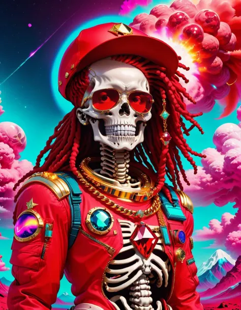 vaporwave style <lora:SkeletoNaut-000009:1> SKELETONAUT RED vaporwave style clouds, skeleton astronaut, RED aura, vibrant energy, wearing diamond and gold cuban links necklaces, RED bling bling military space suit, a ton of jewelry, fitted ball cap, DREADLOCKS . retro aesthetic, cyberpunk, vibrant, neon colors, vintage 80s and 90s style, highly detailed