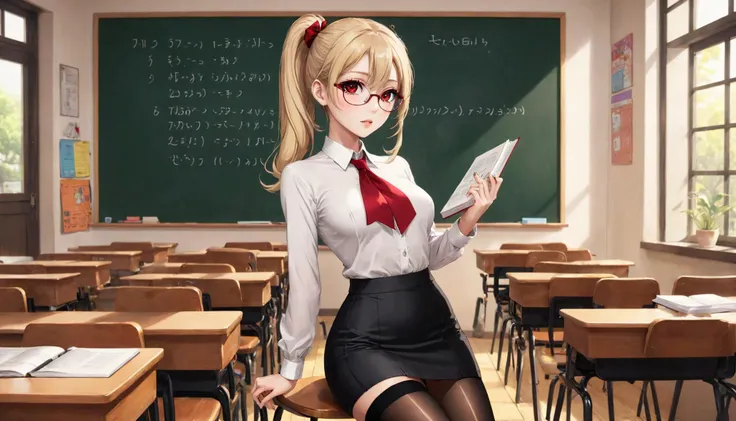 <lora:DonMD3m0nXL-000010:0.5>, DonMD3m0nXL, raw photo, <sideview|backview>, blonde teacher with cute makeup, age 35, face detailing, (holding textbook: 1.4) , narrow shoulders, black tight superminiskirt 25 cm long with slit on the back, wide hips, in high-heeled shoes, in the crowded classroom, white tight - fitting blouse , stylish glasses in a thin frame, (Thigh high socks :1.5), ponytail, red eyes, red ribbon, skin tight , (side breasts) , shoulder, collarbone, students, desks ,chairs, long earrings, textbooks, blackboard, classroom, graphic eyeliner, rouge, (choker:0.9), realistic skin texture, cinematic light,, very thin waist,  <lora:SDXL_MassiveCowsLoRA_v1:0.1> breasts, cleavage, slim body,, (8k, masterpiece, best quality, ultra-detailed),  (an extremely delicate and beautiful)kawaii, cute, very big eyes, Aesthetic Anime Eyes, small face,  large breasts, cinematic lighting, , Intricate, High Detail, Sharp focus, dramatic,   masterpiece, best quality, ultra-detailed,