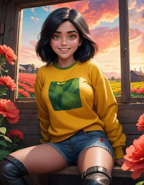 (Post-Apocalyptic:1.5), (3d Pixar art style:1.5).
(close shot, zoomed in face portrait:1.3). A grinning, (perfect teeth:1.3) horny sensual petite young 18 year old (Kurdish:1.3) woman with medium natural layered black hair,, green eyes, (large breasts:1.3), big ass, (perfect hands:1.3).
She is wearing yellow satin sweatshirt and jeans, boots.
She is provocatively sitting, legs together facing away from camera, in a farm with horses and windows, temperate landscape with (biolunimnescent coral leaves:1.5), (alien scarlet flowers:1.5) and (coral sky:1.5) with (galaxy overhead:1.5). noon, sunny.
cinematic lighting, vibrant colors, detailed skin texture, detailed cloth texture, beautiful detailed perfect face, intricate sharp details, ultra high res