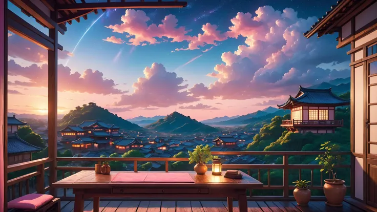 (samurai style:1.5), <lora:RomanPunkAI:0.5> (romanpunkai old:1.1), <lora:FaeTastic:0.5>, (3d vibrant anime style:1.5).
Landscape of a terrace with desk and shelf, village, (pink sky:1.5) with (stars overhead:1.5) visible through window. sunset, raining.
cinematic lighting, vibrant colors, detailed skin texture, detailed cloth texture, beautiful detailed perfect face, intricate sharp details, ultra high res
