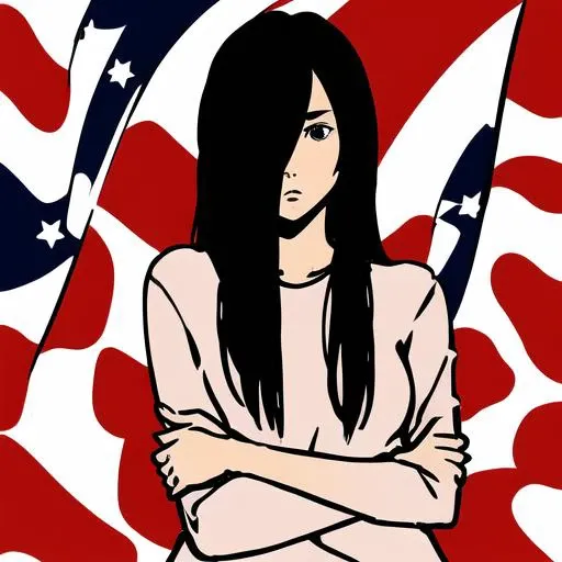 ((masterpiece)),(best quality), absurdres,sadako_yamamura,<lora:Sadakobest:0.8>,   <lora:westernIllustration_offset:1>, american flag background,1girl,solo,