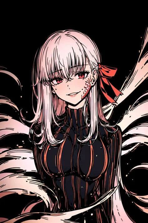 (masterpiece,best quality, detailed), western illustration, 1girl, solo, simple background, upper body, evil smile, parted lips
dark sakura, striped dress, hair ribbon, black background, abstract background, <lora:DarkSakuraV2-000015:0.8>, <lora:westernIllustration_offset:1>