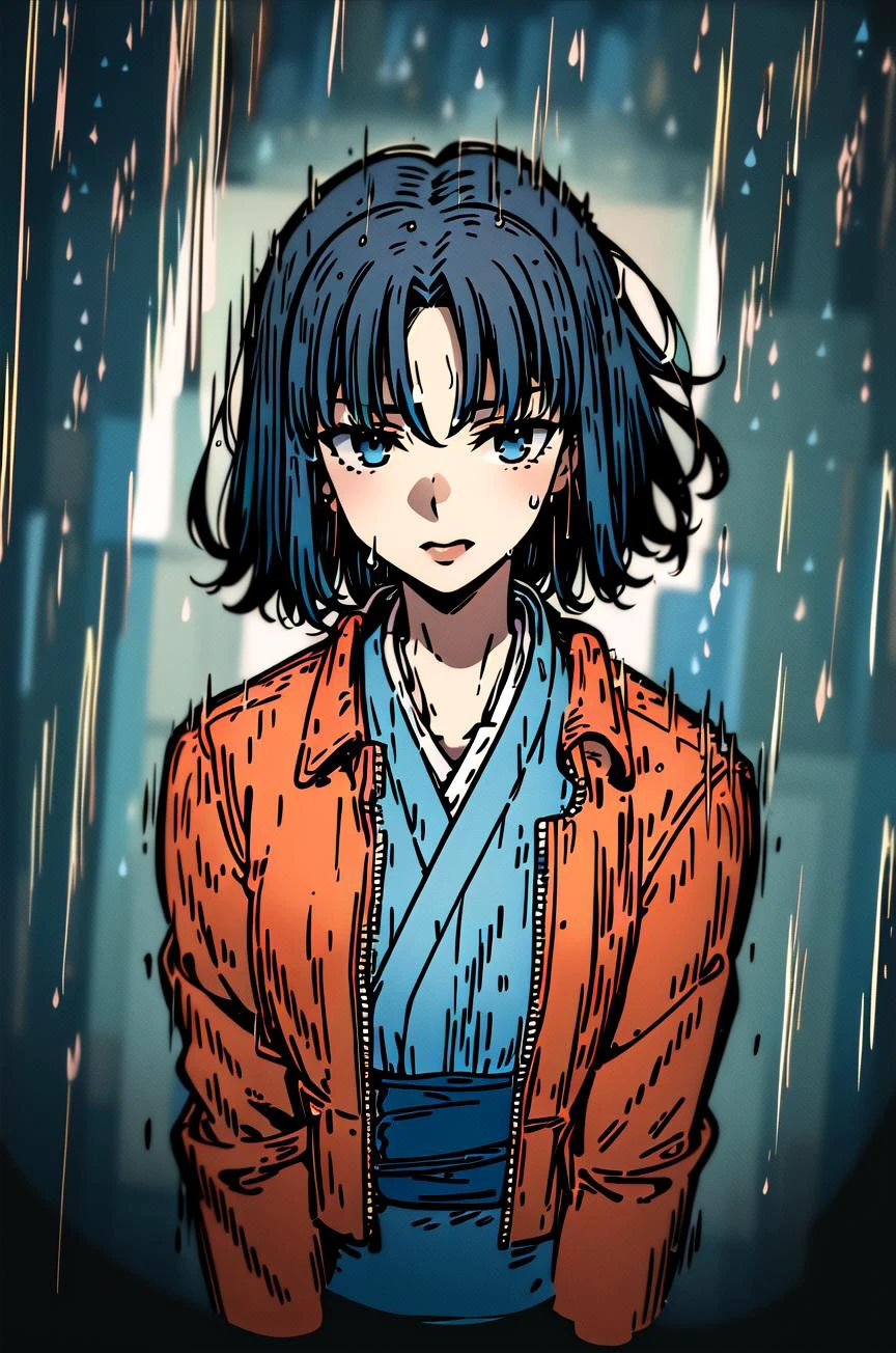 (masterpiece,best quality, detailed), western illustration, 1girl, solo, simple vackground, upper body,
ryougi shiki, red jacket, obi, blue kimono, blue sky, rain, <lora:RyougiShikiV2-000016:0.9>, <lora:westernIllustration_offset:1>