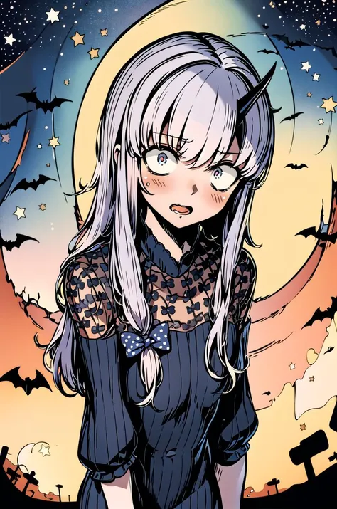 (masterpiece,best quality, detailed), western illustration, 1girl, solo, upper body, night, bat, starry sky,
lavinia whateley \(fate\), polka dot bow, black dress, wavy mouth, open mouth, constricted pupils, <lora:LaviniaV11-000003:0.9>, <lora:westernIllustration_offset:1>