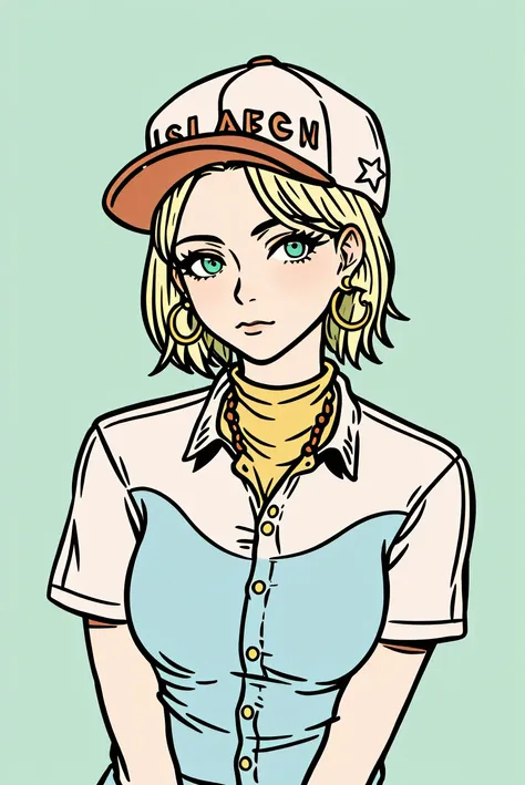 western illustration, masterpiece, best quality, 1girl, aqua eyes, baseball cap, blonde hair, closed mouth, earrings, green background, hat, hoop earrings, jewelry, looking at viewer, shirt, short hair, simple background, solo, upper body, yellow shirt <lora:western_illustration_offset:1>