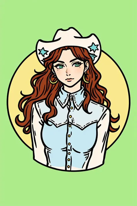 western illustration, masterpiece, best quality, 1girl, aqua eyes, cowboy cap, brown hair, closed mouth, earrings, green background, outdoors, hat, jewelry, looking at viewer, shirt, long hair, simple background, solo, upper body, yellow shirt <lora:western_illustration_offset:1>
