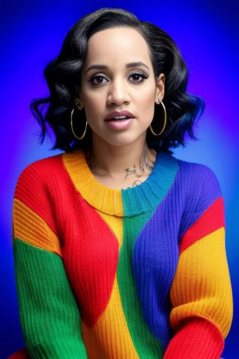 portrait photo of p014nc0 wearing a colorful sweater with dramatic studio lighting