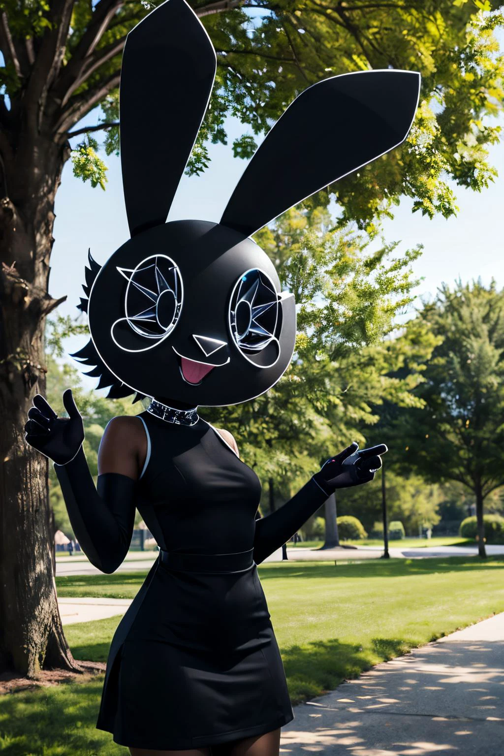 VibriVR, furry, rabbit ears, rabbit girl,black skin, polygon,complex eyes,black eyes, black dress, looking at viewer, smiling, standing, outside, park, trees, high quality, masterpiece, <lora:VibriVR:.8>