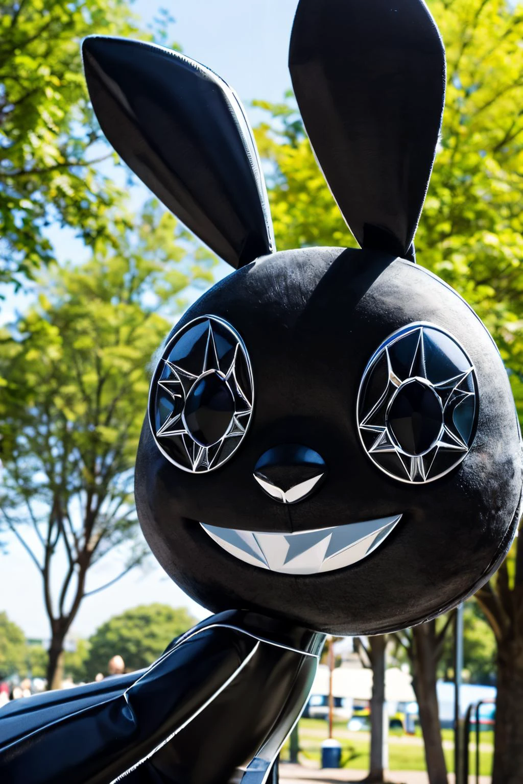VibriVR, furry, rabbit ears, rabbit girl,black skin, polygon,complex eyes,black eyes, black dress, looking at viewer, smiling, close up,, outside, park, trees, high quality, masterpiece, <lora:VibriVR:1>