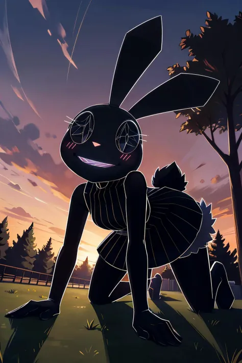 VibriVR, furry, rabbit ears, rabbit girl,black skin, polygon,complex eyes,black eyes, black dress, looking at viewer, seductive smile, blush, on all fours, from_below, outside, park, trees, dusk twilight sky, high quality, masterpiece, <lora:VibriVR:.8>