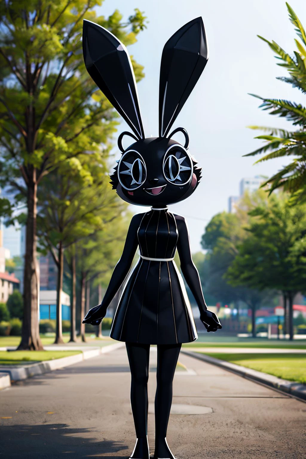 VibriVR, furry, rabbit ears, rabbit girl,black skin, polygon,complex eyes,black eyes, black dress, full body shot, looking at viewer, smiling, standing, outside, park, trees, high quality, masterpiece, <lora:VibriVR:.9>