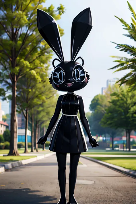 VibriVR, furry, rabbit ears, rabbit girl,black skin, polygon,complex eyes,black eyes, black dress, full body shot, looking at viewer, smiling, standing, outside, park, trees, high quality, masterpiece, <lora:VibriVR:.9>