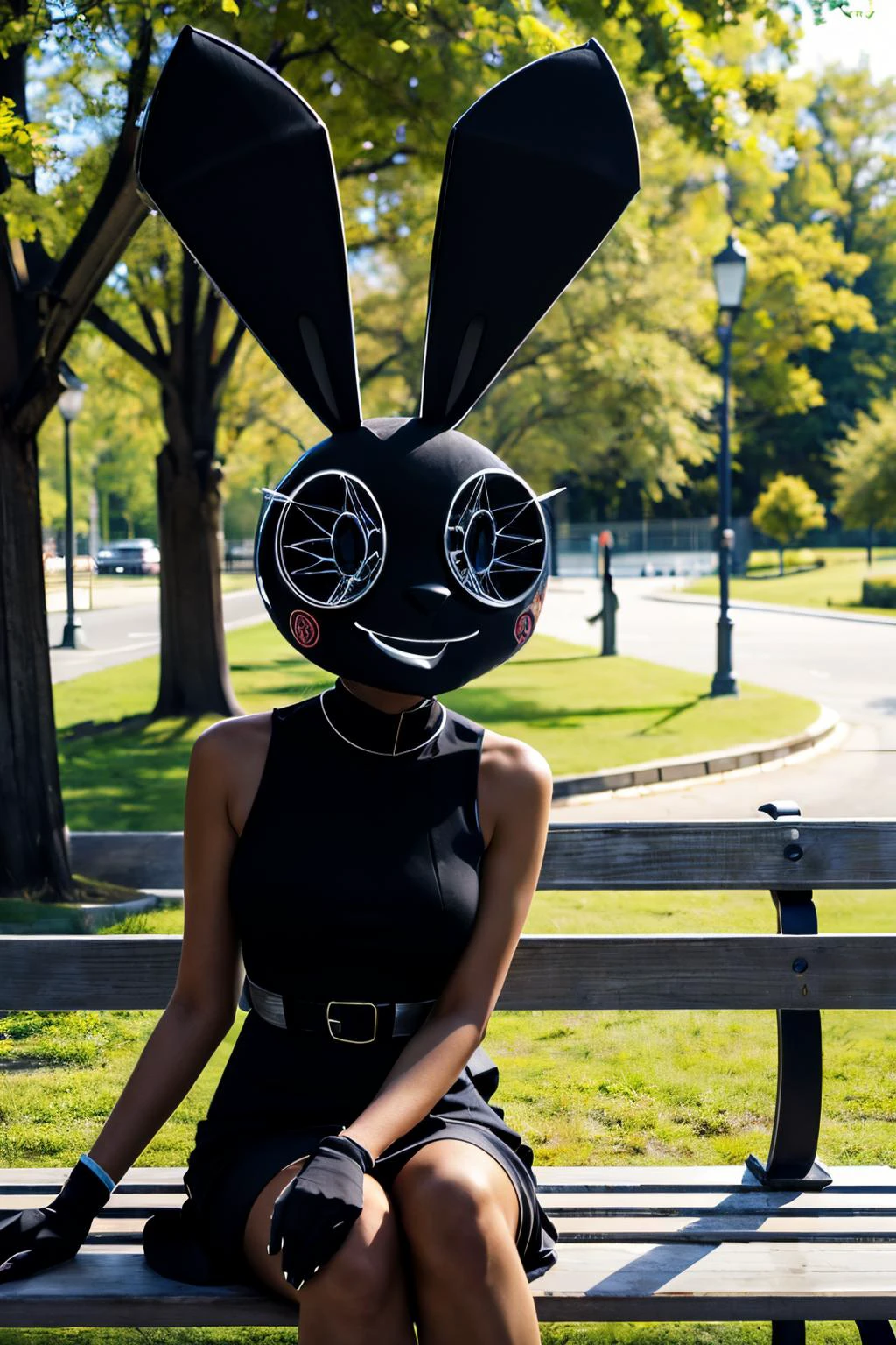 VibriVR, furry, rabbit ears, rabbit girl,black skin, polygon,complex eyes,black eyes, black dress, looking at viewer, smiling, sitting, on bench, outside, park, trees, high quality, masterpiece, <lora:VibriVR:1>