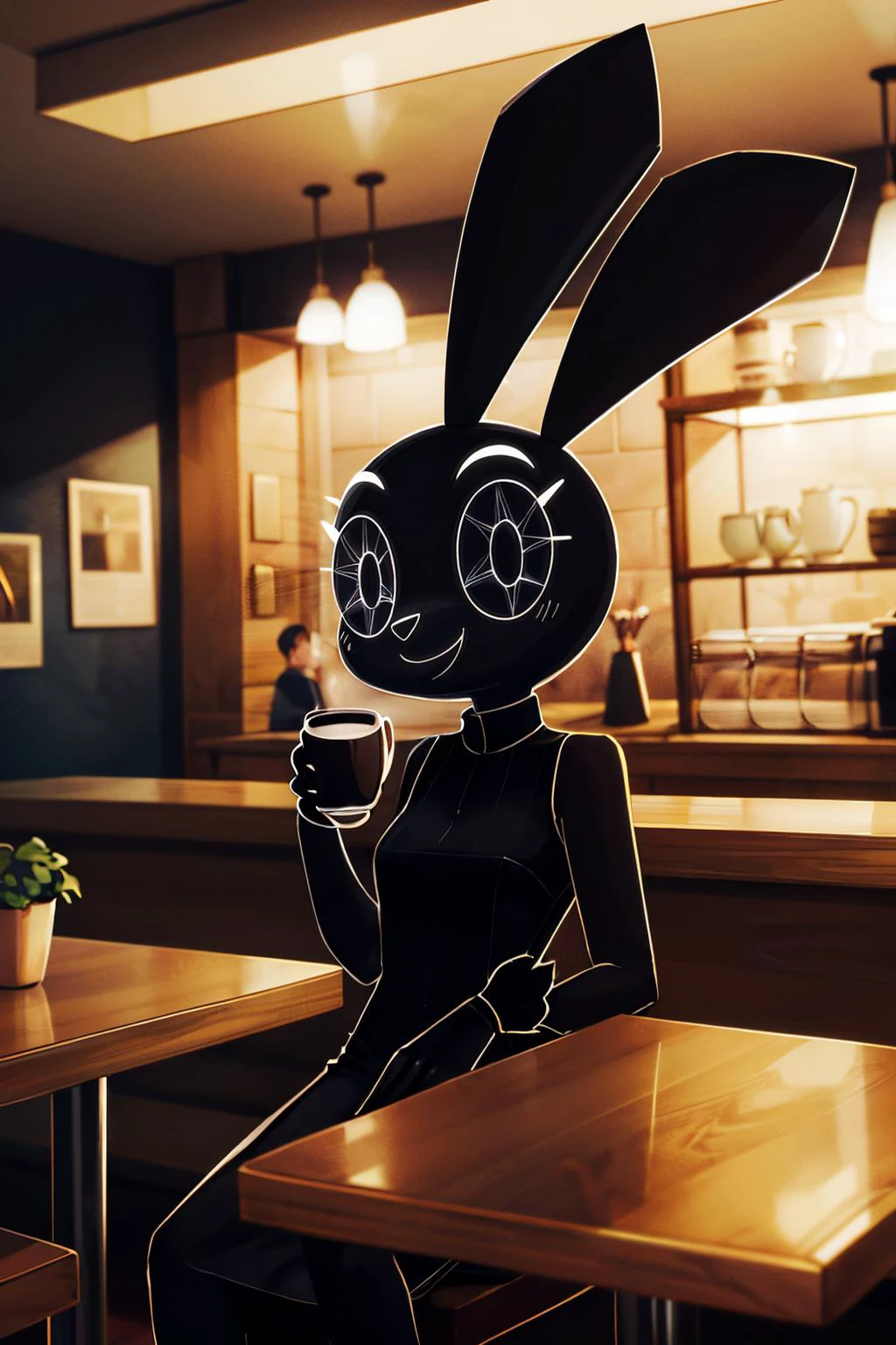 VibriVR, furry, rabbit ears, rabbit girl,black skin, polygon,complex eyes,black eyes, black dress, looking at viewer, smiling, happy, sitting, behind a table, inside a cozy cafe, drinking espresso, warm ambiance, high quality, masterpiece, <lora:VibriVR:.8>