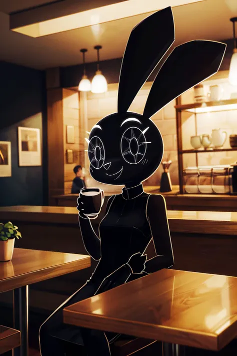 VibriVR, furry, rabbit ears, rabbit girl,black skin, polygon,complex eyes,black eyes, black dress, looking at viewer, smiling, happy, sitting, behind a table, inside a cozy cafe, drinking espresso, warm ambiance, high quality, masterpiece,  <lora:VibriVR:.8>