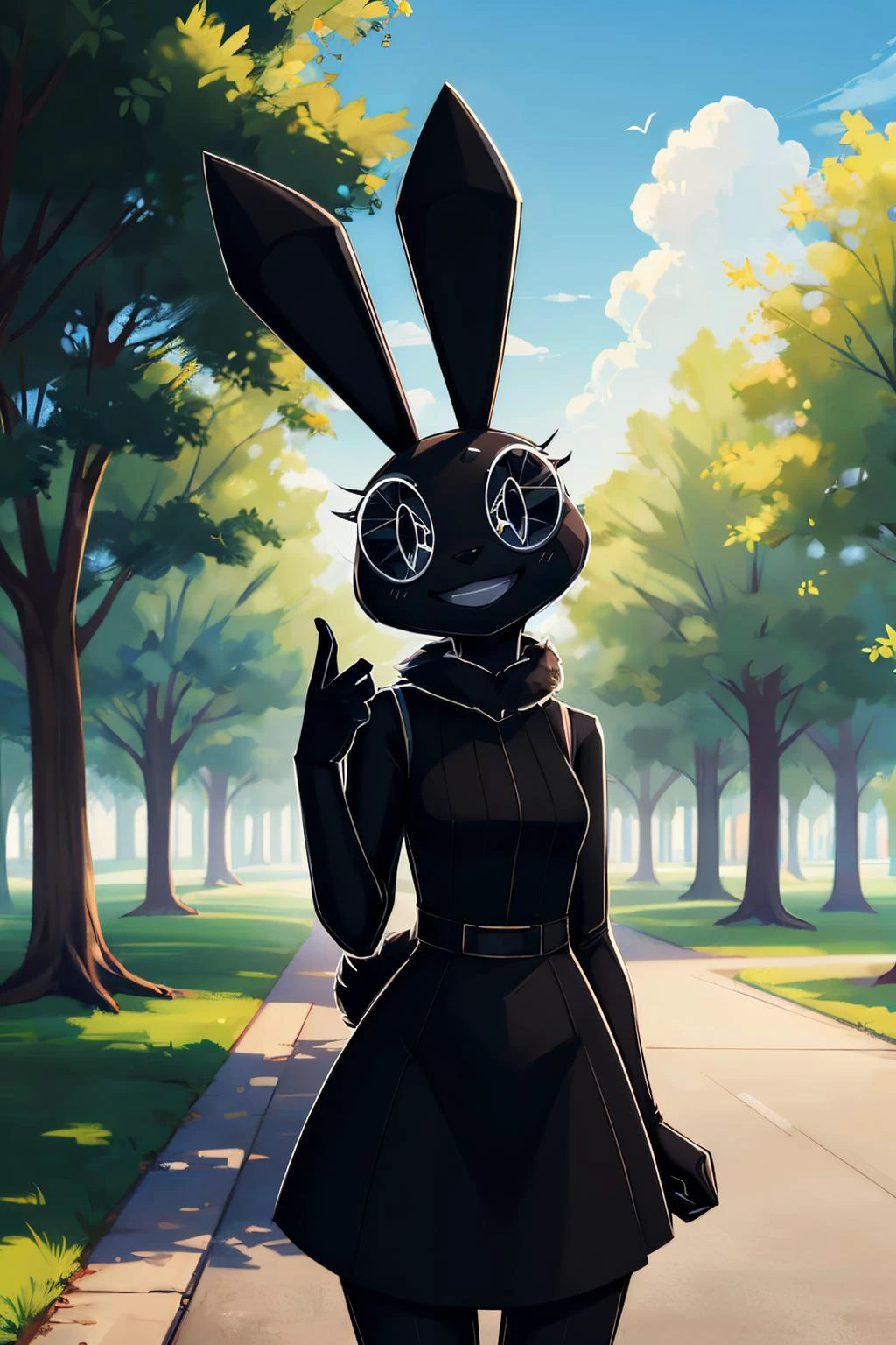 VibriVR, furry, rabbit ears, rabbit girl,black skin, polygon,complex eyes,black eyes, black dress, looking at viewer, smiling, standing, outside, park, trees, high quality, masterpiece, <lora:VibriVR:.8>