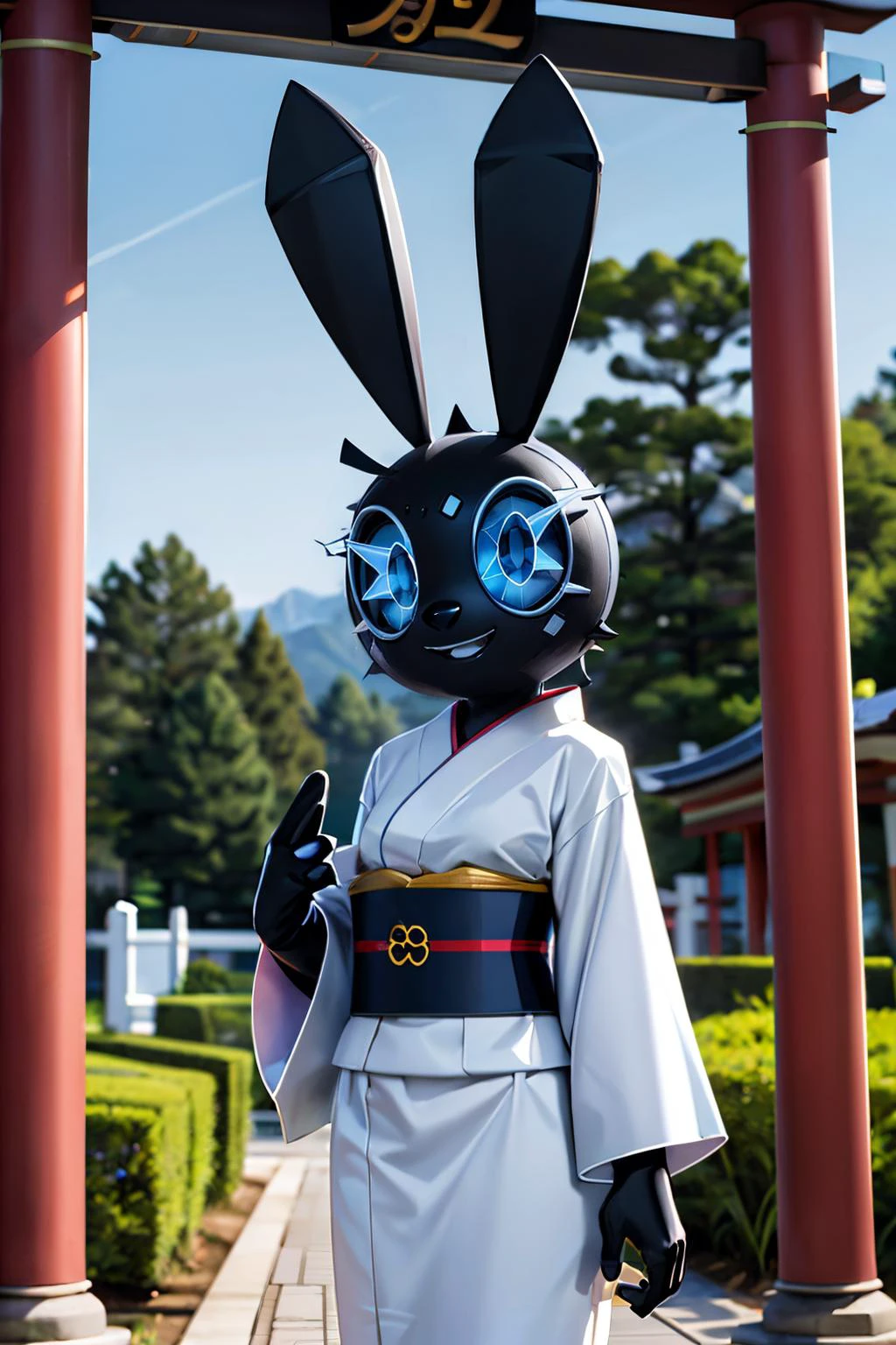 VibriVR, furry, black rabbit ears, rabbit girl,black skin, polygon,complex eyes,black eyes, traditional kimono, white attire, sash, long sleeves, looking at viewer, serious, smiling, standing, outside, garden, red torii, railing, blue sky, trees, high quality, masterpiece, <lora:VibriVR:.9>
