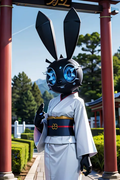 VibriVR, furry, black rabbit ears, rabbit girl,black skin, polygon,complex eyes,black eyes, traditional kimono, white attire, sash, long sleeves,  looking at viewer, serious, smiling, standing, outside, garden, red torii, railing, blue sky, trees, high quality, masterpiece, <lora:VibriVR:.9>