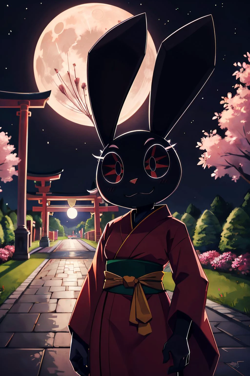 VibriVR, furry, rabbit ears, rabbit girl,black skin, polygon,complex eyes,black eyes,red kimono, sash, long sleeves, looking at viewer, serious, smirk, standing, outside, garden, cherry blossom, red torii, night time, moon, high quality, masterpiece, <lora:VibriVR:.8>