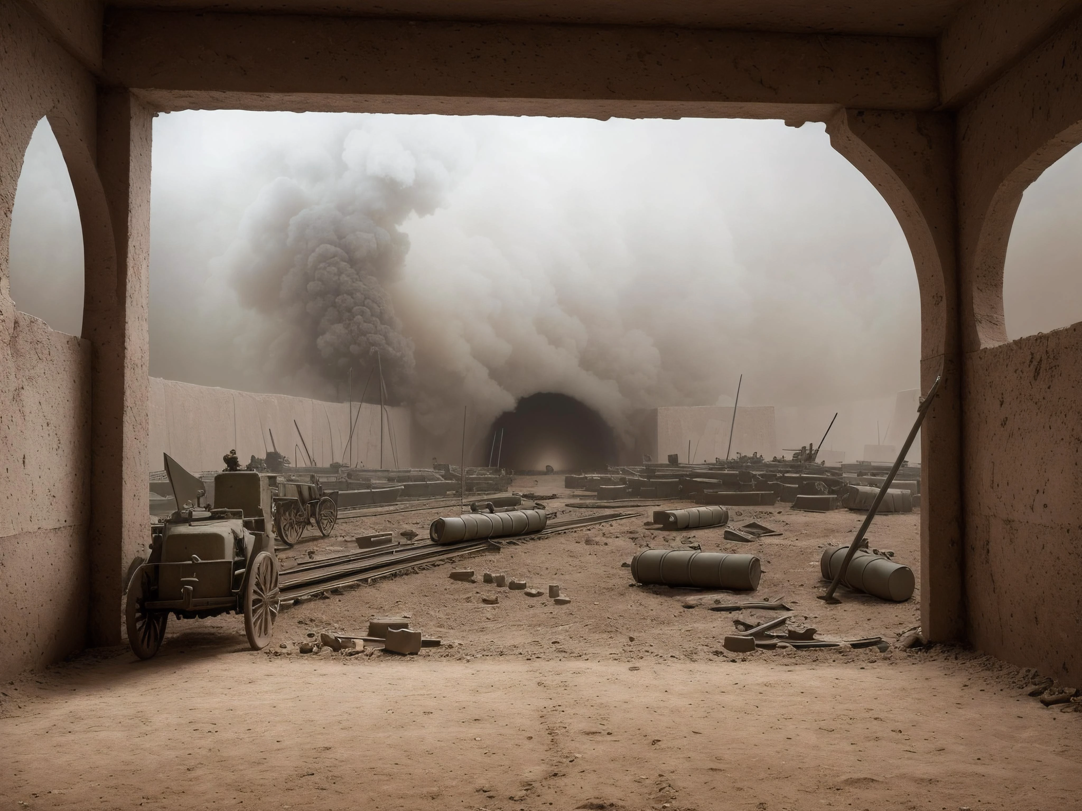 Hyperrealistic art of The First World War, Tunneling,Grenades,Barrages, Dust storms, Screams, Haunting,Menacing,Ghoulish, Torment,Despair,Grief, Mirrors, Trompe l'oeil, Symmetry, Tertiary colors, ultra detailed, intricate, surrealism, glazing, dry brush, oil on canvas , dramatic, (masterpiece, best quality, high quality), hyperdetailed, highres, intricate detail, HDR, 8k, sharp focus, detailed background, extremely detailed, perfect hands, realistic eyes, detailed skin texture, subsurface scattering, realistic, temple, dark, photorealistic,, Extremely high-resolution details, photographic, realism pushed to extreme, fine texture, incredibly lifelike