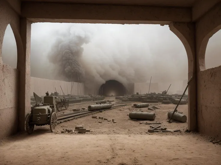 Hyperrealistic art of The First World War, Tunneling,Grenades,Barrages, Dust storms, Screams, Haunting,Menacing,Ghoulish, Torment,Despair,Grief, Mirrors, Trompe l'oeil, Symmetry, Tertiary colors, ultra detailed, intricate, surrealism, glazing, dry brush, oil on canvas , dramatic, (masterpiece, best quality, high quality), hyperdetailed, highres, intricate detail, HDR, 8k, sharp focus, detailed background, extremely detailed, perfect hands, realistic eyes, detailed skin texture, subsurface scattering, realistic, temple, dark, photorealistic,, Extremely high-resolution details, photographic, realism pushed to extreme, fine texture, incredibly lifelike