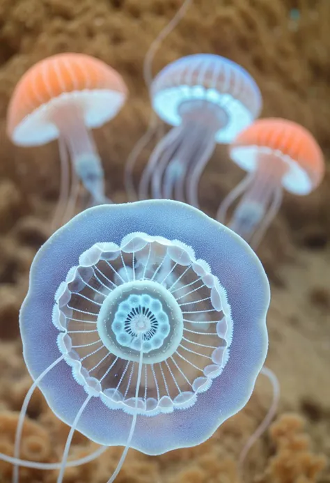 [round ball, 3 balls, blurry, transparent : jellyfishes, jellyfish  :8]