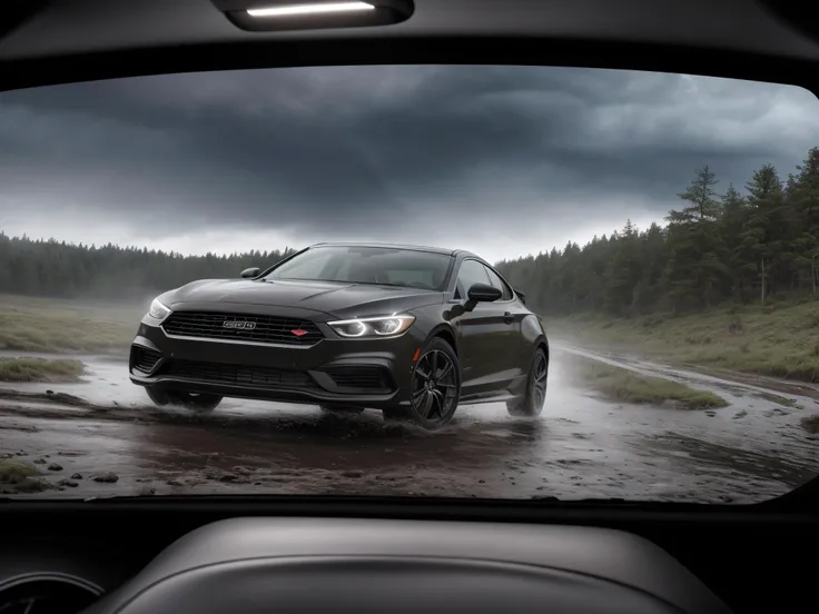 Hyperrealistic art of an intense car chase through a bog during a thunderstorm, dramatic, (masterpiece, best quality, high quality), hyperdetailed, highres, intricate detail, HDR, 8k, sharp focus, detailed background, extremely detailed, perfect hands, realistic eyes, detailed skin texture, subsurface scattering, realistic, temple, dark, photorealistic,, Extremely high-resolution details, photographic, realism pushed to extreme, fine texture, incredibly lifelike