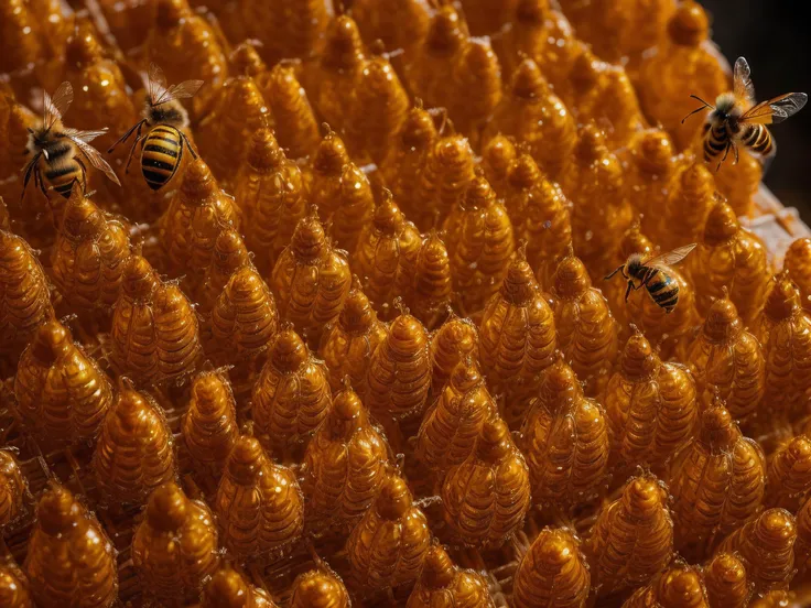 Hyperrealistic art of a city of amber hives, run by towering bee people, dramatic, (masterpiece, best quality, high quality), hyperdetailed, highres, intricate detail, HDR, 8k, sharp focus, detailed background, extremely detailed, perfect hands, realistic eyes, detailed skin texture, subsurface scattering, realistic, temple, dark, photorealistic,, Extremely high-resolution details, photographic, realism pushed to extreme, fine texture, incredibly lifelike