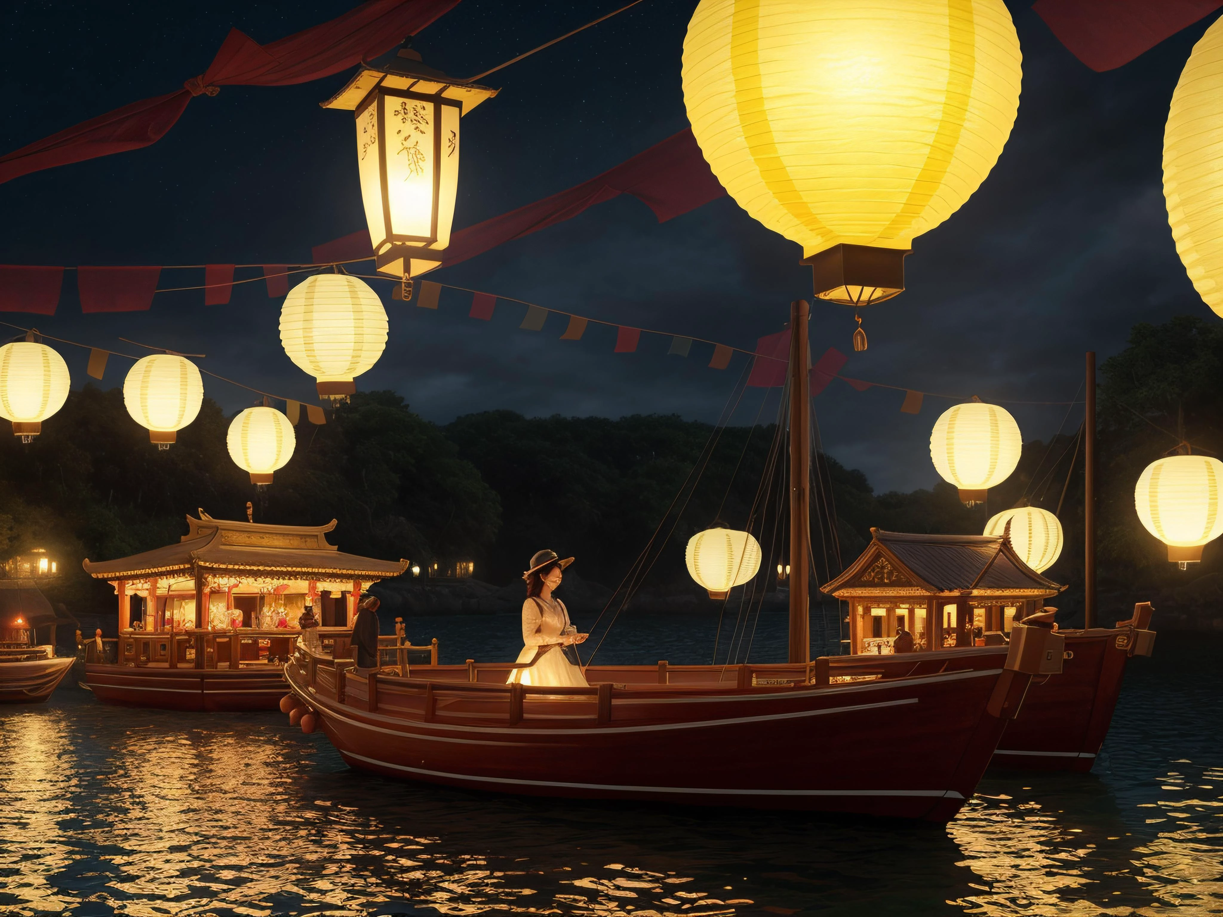 Hyperrealistic art of floating lantern harbor with boats adorned with glowing lanterns , dramatic, (masterpiece, best quality, high quality), hyperdetailed, highres, intricate detail, HDR, 8k, sharp focus, detailed background, extremely detailed, perfect hands, realistic eyes, detailed skin texture, subsurface scattering, realistic, temple, dark, photorealistic,, Extremely high-resolution details, photographic, realism pushed to extreme, fine texture, incredibly lifelike