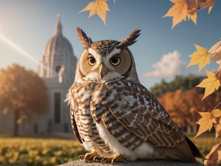Hyperrealistic art of finely detail, Depth of field,(((masterpiece))),((extremely detailed CG unity 8k wallpaper)),best quality, high resolution illustration, (((Tyndall effect))),dappled sunlight,cloud, flower, autumn_leaves, outdoors, autumn, blue_sky, leaf, sunset, cloudy_sky, burning, owl, maple_leaf,tulips , dramatic, (masterpiece, best quality, high quality), hyperdetailed, highres, intricate detail, HDR, 8k, sharp focus, detailed background, extremely detailed, perfect hands, realistic eyes, detailed skin texture, subsurface scattering, realistic, temple, dark, photorealistic,, Extremely high-resolution details, photographic, realism pushed to extreme, fine texture, incredibly lifelike