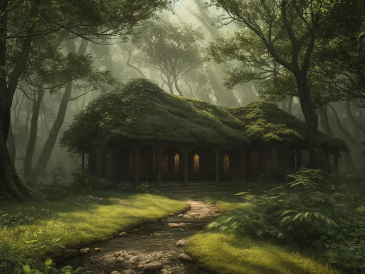 Hyperrealistic art of ethereal forest with enchanted flora and fauna in a mystical and magical setting , dramatic, (masterpiece, best quality, high quality), hyperdetailed, highres, intricate detail, HDR, 8k, sharp focus, detailed background, extremely detailed, perfect hands, realistic eyes, detailed skin texture, subsurface scattering, realistic, temple, dark, photorealistic,, Extremely high-resolution details, photographic, realism pushed to extreme, fine texture, incredibly lifelike