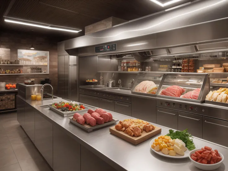 Hyperrealistic art of Butcher's shop, stainless steel counters, vacuum-sealed packaging , dramatic, (masterpiece, best quality, high quality), hyperdetailed, highres, intricate detail, HDR, 8k, sharp focus, detailed background, extremely detailed, perfect hands, realistic eyes, detailed skin texture, subsurface scattering, realistic, temple, dark, photorealistic,, Extremely high-resolution details, photographic, realism pushed to extreme, fine texture, incredibly lifelike