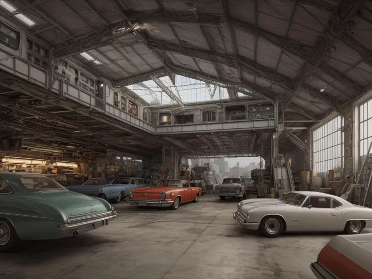 Hyperrealistic art of retro spaceship repair shop , dramatic, (masterpiece, best quality, high quality), hyperdetailed, highres, intricate detail, HDR, 8k, sharp focus, detailed background, extremely detailed, perfect hands, realistic eyes, detailed skin texture, subsurface scattering, realistic, temple, dark, photorealistic,, Extremely high-resolution details, photographic, realism pushed to extreme, fine texture, incredibly lifelike