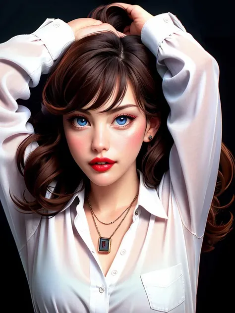 Realistic photo of a beautiful l1vt woman, 1girl,solo,looking at viewer,blue eyes,brown hair,shirt,black hair,long sleeves,jewelry,white shirt,upper body,parted lips,teeth,necklace,black eyes,arms up,lips,makeup,traditional media,lipstick,realistic,red lips,soft lighting, professional Photography, Photorealistic, detailed, RAW, analog, sharp focus, 8k, HD, high quality, masterpiece<lora:l1vt:1.0>