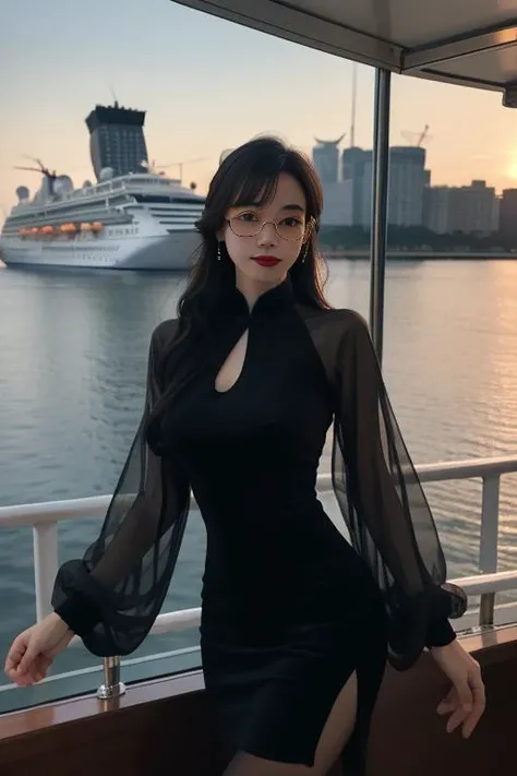 ltra-detailed,highly detailed,best quality,masterpiece,illustration,realistic,photorealistic,
whqp, qipao, solo, 1girl, 
yellow dress,yellow sleeves, crossdressing, 
chinese clothes, china dress, see-through sleeves, long sleeves, cleavage cutout, pantyhose, round eyewear, side slit, 
long hair, bangs,
looking at viewer,cowboy shot, 
outdoors, sea,cruise ship, ship deck, skyline, sunlight, sunrise,  
 <lora:whqp qipao_v1_03:0.7>