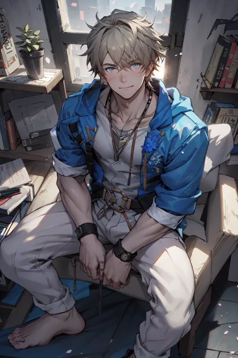 highres, ultra-detailed, coloful, 
1man, mature, male, 
 blush, detailed nails, smile, 
sitting, knees togetgher feet apart,  looking at viewer, 
open clothes,  collarbone, pectorals, tongue out, see-through,  feet, 
window, blue sky, flowers, plants, book shelf, 
ray tracing, rim light, bloom, cinematic lighting,
from above,