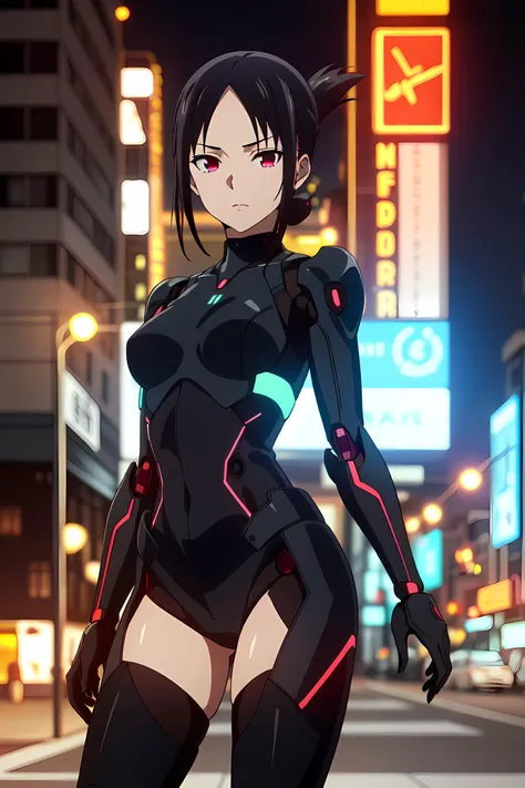 <lora:Kaguya:0.8> kaguya_liv, black hair, shinomiya kaguya, red eyes, parted bangs, ponytail, looking at viewer, robotic armor, cyberpunk, city of lights, neon, electricity, sparks, thigh,
cinematic shot, focus, blurry background, bokeh, depth of field, background characters, symmetrical,