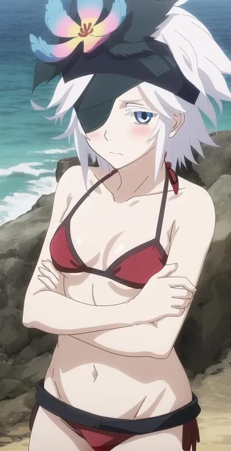 FS, 1girl, solo, upper body, portrait, close up, small breasts, hair flower, hairband, eyepatch, hair ornament, blushing, looking at viewer, crossed arms, (((red bikini))), bare arms, bare neck, bare shoulders, bare stomach, bare legs, ocean beach, perfect quality, good quality, masterpiece, HDR, UHD <lora:Fremy Speeddraw:0.8>