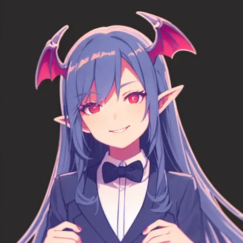 red eyes, seductive smile, solo mature aged_up 1girl, vampire, pointy ears, head_wings, bat_wings, upper body, arms_down,
wearing tuxedo, tuxedo jacket,  simple background,
 <lyco:UY colorful style_bx-v2.02cya5:0.9> outline,