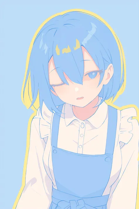 (masterpiece,best quality,absurdres),1girl,solo,hair over eyes,blue hair,blue clothes,waist_apron,looking at another,blue background,dynamic_angle,
<lora:UY colorful style_bx-v2.02cya5:1>,outline,