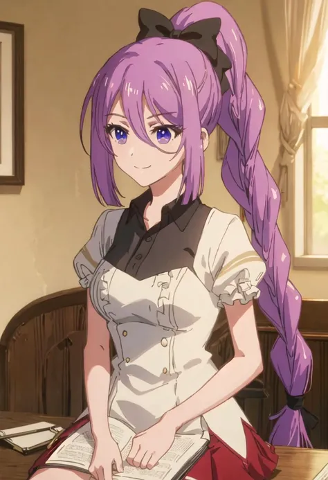 best quality, masterpiece, highres, solo, {ashley_lapisrelights:0.90}, black_shirt, 1girl, short_sleeves, black_bow, closed_mouth, collared_shirt, single_braid, upper_body, indoors, braided_ponytail, breasts, red_skirt, sitting, smile