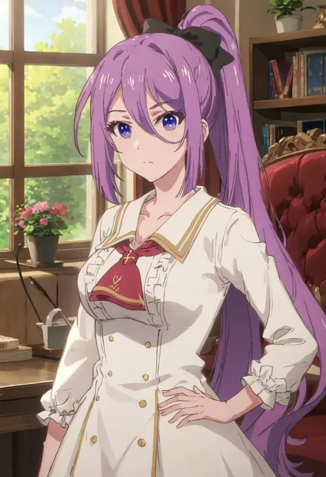 best quality, masterpiece, highres, solo, {ashley_lapisrelights:0.90}, 1girl, collarbone, indoors, upper_body, closed_mouth, curtains, dress, long_sleeves, looking_at_viewer, window, breasts, shirt