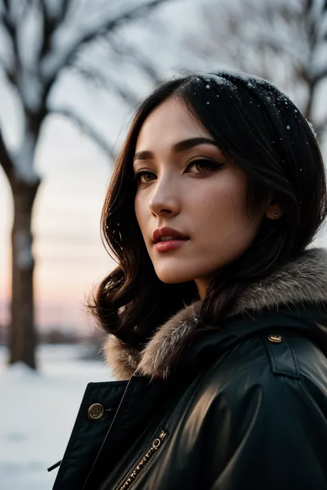 photo of (EPM4gg13Q:0.99), closeup portrait, perfect hair, (modern photo, [Oversized quilted coat in a high-shine metallic fabric for a statement look|Shoes: Black combat boots with silver hardware.]), 24mm, (analog, cinematic, film grain:1.3), ((from side , snowy town, snow, ice, stalagmite , noon , gradient:1.1)), ((detailed eyes)), ((eyeliner, long lashes)), (epicPhoto), long eyelashes, (perfect waist), (painted lips)
