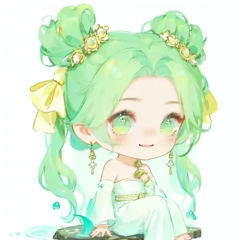 WW_Q, chibi,1girl, bangs, bare shoulders, barefoot, bell, blush, bow, bubble, closed mouth, detached sleeves, double bun, dress, fish, food, forehead, full body, green eyes, green hair, hair bow, hair ornament, jewelry, long hair, long sleeves, puffy long sleeves, puffy sleeves, simple background, sitting, smile, solo, strapless, strapless dress, twintails, very long hair, water, water drop, white background, white dress, white sleeves, wide sleeves, yellow bow, earrings, hair bun