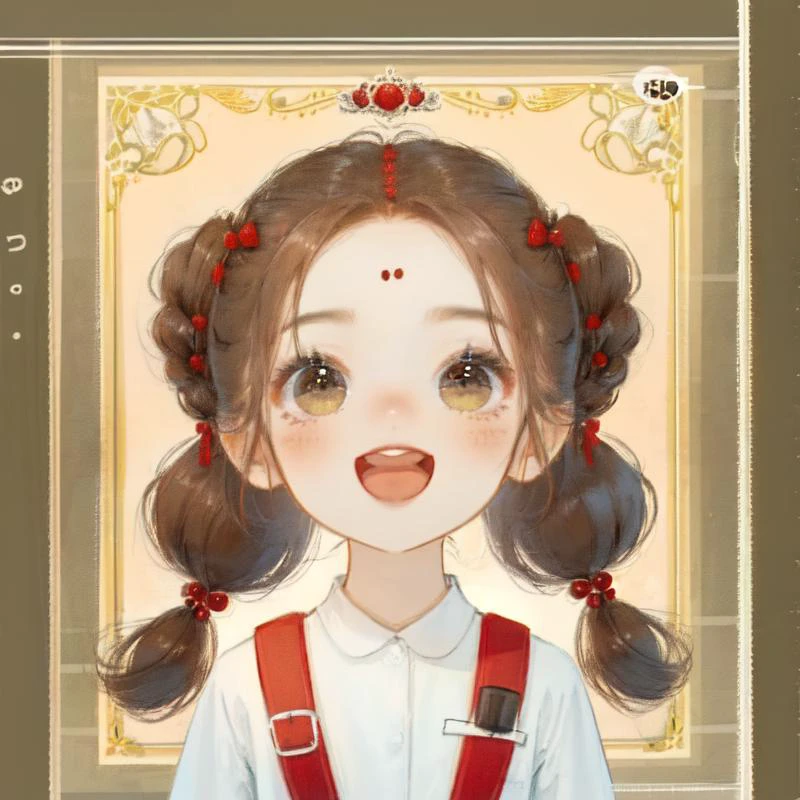 WW_Q, chibi, 1girl, :d, backpack, bag, berry, black shirt, blueberry, blush, border, brown background, brown eyes, brown hair, cherry, food, food-themed hair ornament, forehead, fruit, hair ornament, leaf, long sleeves, looking at viewer, open mouth, outside border, red flower, shirt, smile, solo, strawberry, strawberry hair ornament, twintails, upper body, teeth, signature, upper teeth only, , reference inset